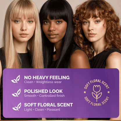 Product benefit graphic titled No Heavy Feeling set against three women showcasing straight, sleek, and wavy hairstyles. Highlights three formula key points: No Heavy Feeling with clean, weightless wear; Polished Look with a smooth, controlled finish; and Soft Floral Scent with a light, clean, and pleasant fragrance. Features a Soft Floral Scent seal with a flower icon.