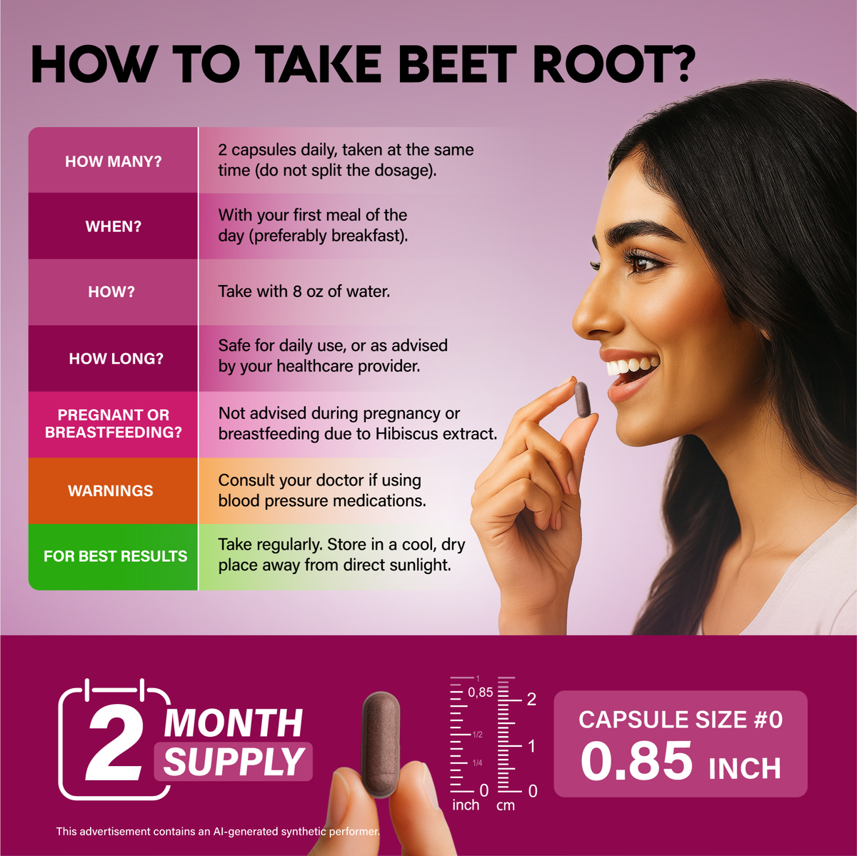 An infographic titled "How to Take Beet Root?" alongside a woman taking a supplement capsule:   Dosage & Use: Take 2 capsules together daily with 8 oz of water during your first meal. Safe for daily use.   Warnings & Precautions: Not advised during pregnancy or breastfeeding due to Hibiscus extract. Consult a doctor if using blood pressure medication.   Storage & Size: Store in a cool, dry place away from sunlight. Highlights a 2-month supply and capsule size #0 (0.85 inches). 