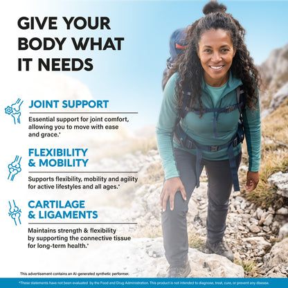 A lifestyle graphic titled "Give Your Body What It Needs" featuring a woman hiking outdoors:   Joint Benefits: Supports joint comfort, flexibility, mobility, and connective tissue strength for active lifestyles.  