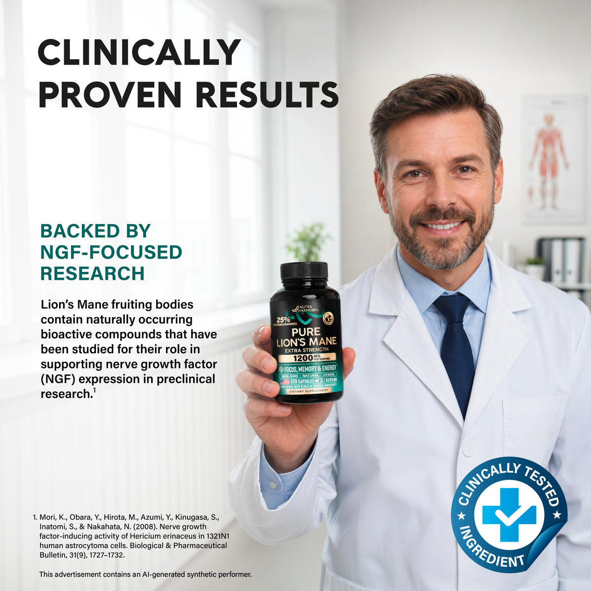 Graphic titled Clinically Proven Results Backed by NGF-Focused Research, showing a doctor in a lab coat holding the supplement bottle. Explains Lion's Mane fruiting bodies contain bioactive compounds studied for supporting Nerve Growth Factor (NGF) expression in preclinical research.