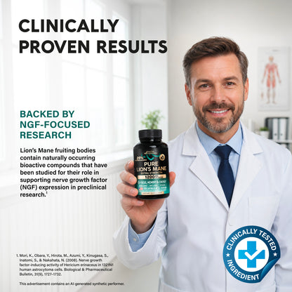 Graphic titled Clinically Proven Results Backed by NGF-Focused Research, showing a doctor in a lab coat holding the supplement bottle. Explains Lion's Mane fruiting bodies contain bioactive compounds studied for supporting Nerve Growth Factor (NGF) expression in preclinical research.