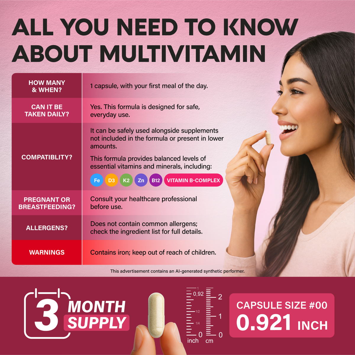 All You Need to Know About Multivitamin
Take 1 capsule daily with your first meal. Safe to use with other supplements not included in the formula.   
Delivers balanced levels of essential nutrients including Iron (Fe), D3, K2, Zinc (Zn), B12, and Vitamin B-Complex.   
3-month supply (Capsule Size #00, 0.921 inch).   
Free of common allergens. Consult a healthcare provider if pregnant or breastfeeding. Contains iron; keep out of reach of children.