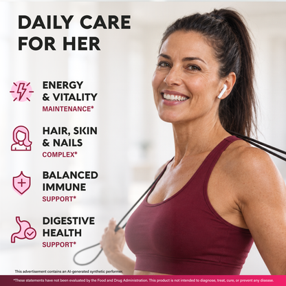 A promotional graphic titled "Daily Care For Her" featuring an active woman holding a jump rope. Outlines four key health benefits:   Energy & Vitality Maintenance: Supports sustained daily energy.   Hair, Skin & Nails Complex: Promotes beauty and wellness from within.   Balanced Immune Support: Helps maintain strong immune defenses.   Digestive Health Support: Aids smooth digestion and gut wellness. 