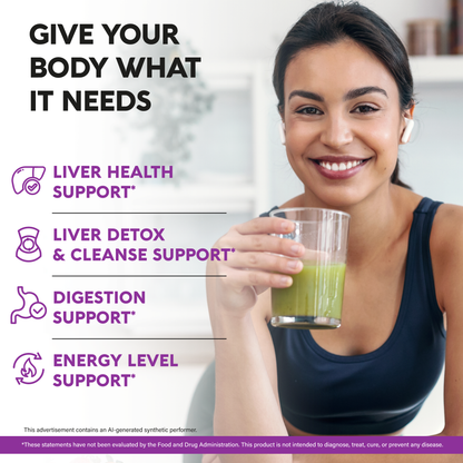 Health benefit infographic titled Give Your Body What It Needs featuring a smiling woman holding a green smoothie. Details four main benefits: Liver Health Support, Liver Detox & Cleanse Support, Digestion Support, and Energy Level Support. Features visual icons for organ health, detoxification, digestion, and energy revitalization.