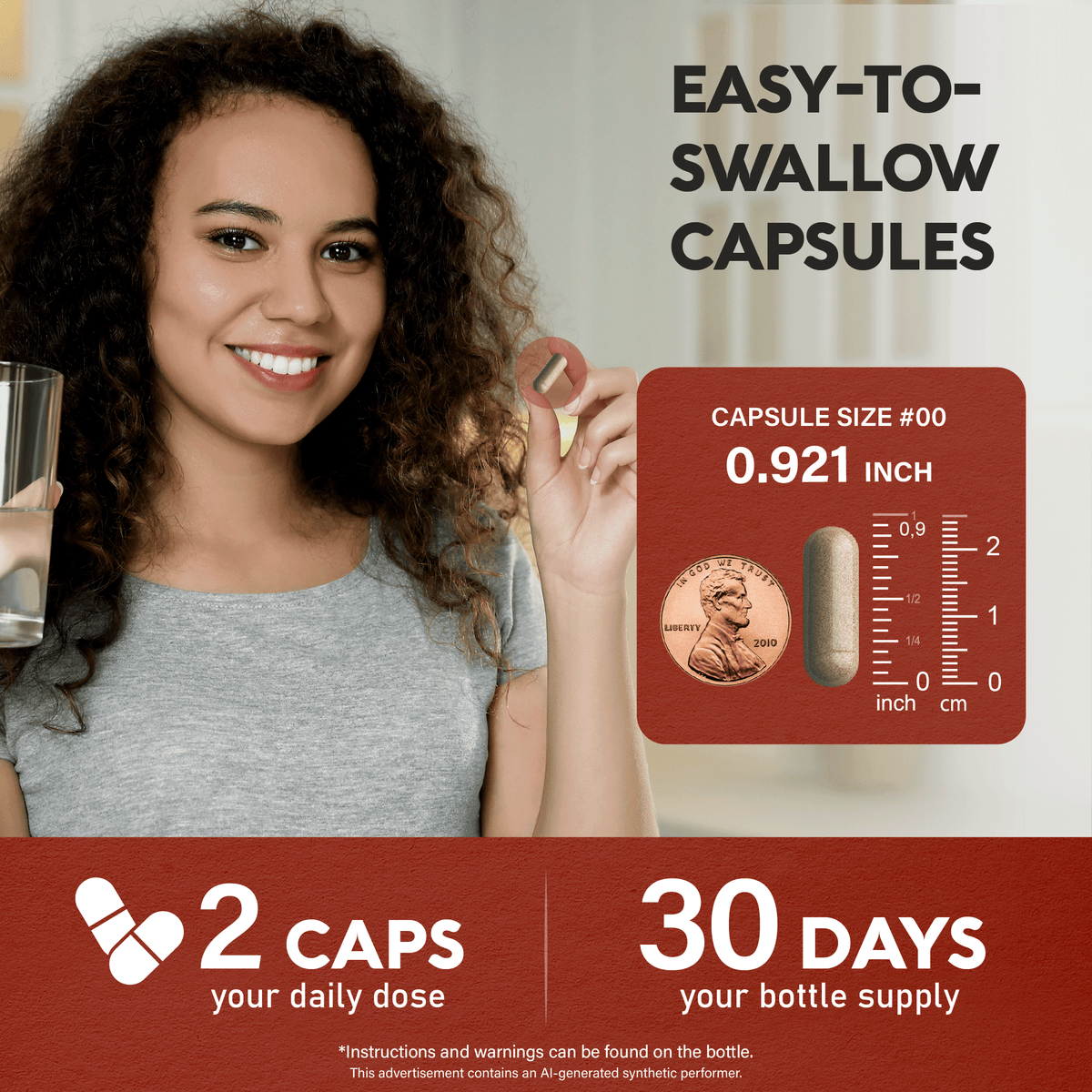Product graphic titled Easy-To-Swallow Capsules featuring a smiling woman holding a capsule. Shows a size #00 capsule measuring 0.921 inches, compared next to a U.S. penny and a ruler in inches and centimeters. Highlights a daily dose of 2 capsules providing a 30-day bottle supply.