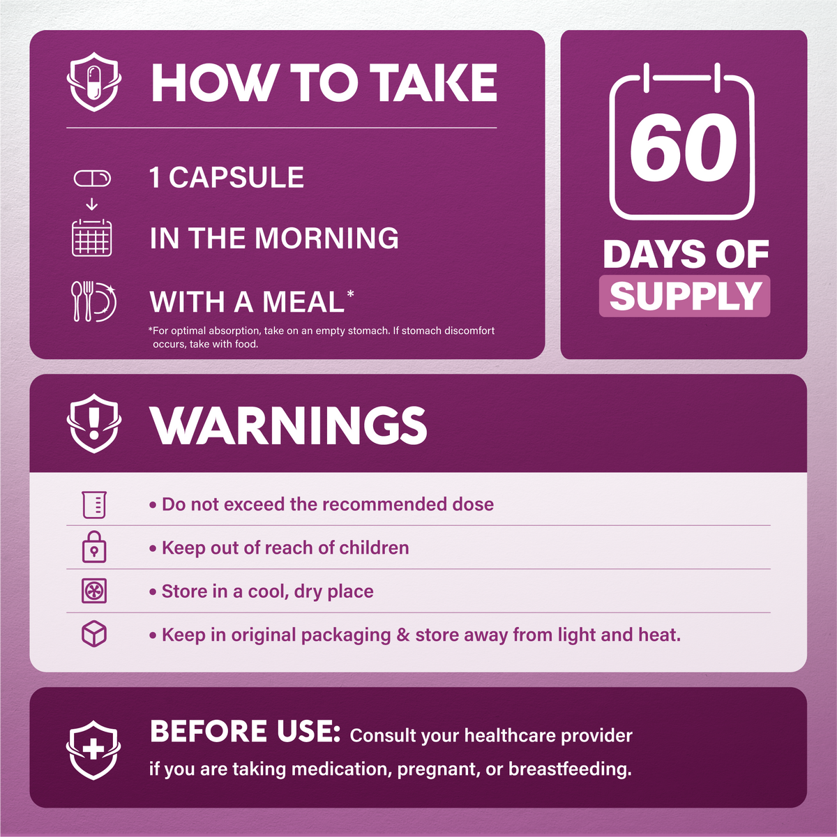 Usage and warnings chart stating dosage as 1 capsule in the morning with a meal for a 60-day supply. Lists warnings to not exceed dose, keep out of reach of children, store in a cool dry place away from light, and consult a doctor before use if taking medication, pregnant, or breastfeeding.