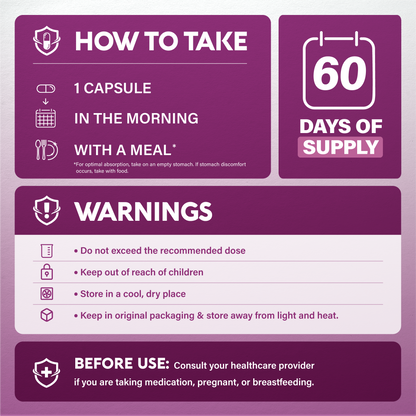 Usage and warnings chart stating dosage as 1 capsule in the morning with a meal for a 60-day supply. Lists warnings to not exceed dose, keep out of reach of children, store in a cool dry place away from light, and consult a doctor before use if taking medication, pregnant, or breastfeeding.