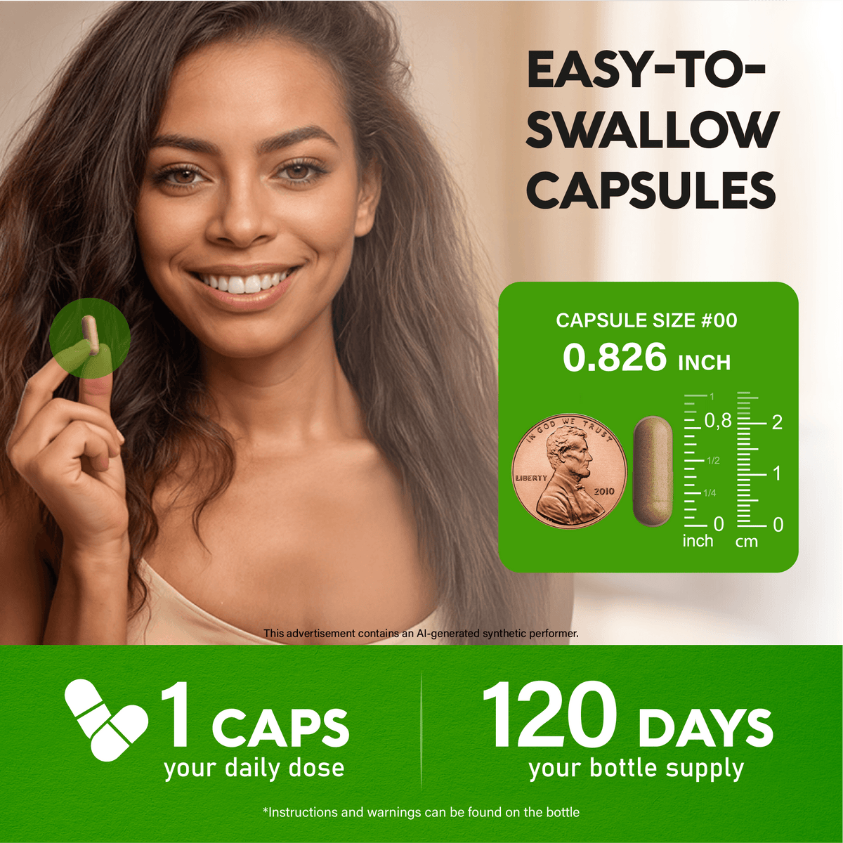 Product infographic titled Easy-To-Swallow Capsules featuring a smiling woman holding a single capsule next to a green capsule dimension chart. Displays Capsule Size #00 measuring 0.826 inch alongside a US penny and ruler scale in inches and centimeters. Highlights serving details at the bottom: 1 Caps your daily dose and 120 Days your bottle supply. 