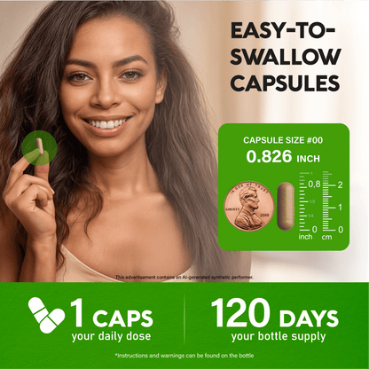 Product infographic titled Easy-To-Swallow Capsules featuring a smiling woman holding a single capsule next to a green capsule dimension chart. Displays Capsule Size #00 measuring 0.826 inch alongside a US penny and ruler scale in inches and centimeters. Highlights serving details at the bottom: 1 Caps your daily dose and 120 Days your bottle supply. 