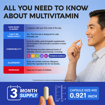 An informational graphic titled "All You Need to Know About Multivitamin":   Directions & Compatibility: Take 1 capsule daily with your first meal. Safe for daily use alongside other supplements not included in the formula.   Key Ingredients: Delivers balanced levels of essential nutrients including Chromium (Cr), D3, K2, Zinc (Zn), B12, and Vitamin B-Complex.   Supply & Capsule Size: 3-month supply (Capsule Size #00, 0.921 inch).   Safety & Warnings: Free of common allergens. Keep out of reach of children.