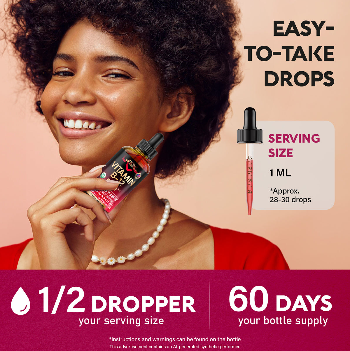 Product infographic titled Easy-To-Take Drops featuring a smiling woman holding a bottle of NutraHarmony Vitamin B-12 liquid drops. Displays a calibrated liquid dropper detailing a serving size of 1 mL (approximately 28–30 drops, or 1/2 dropper). Highlights a 60-day bottle supply.