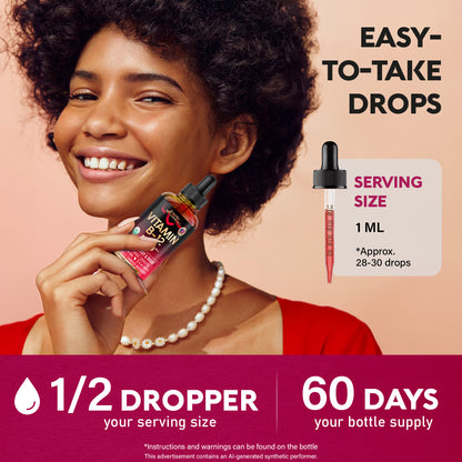 Product infographic titled Easy-To-Take Drops featuring a smiling woman holding a bottle of NutraHarmony Vitamin B-12 liquid drops. Displays a calibrated liquid dropper detailing a serving size of 1 mL (approximately 28–30 drops, or 1/2 dropper). Highlights a 60-day bottle supply.