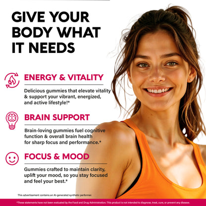 Health benefit infographic titled Give Your Body What It Needs featuring a smiling woman in an orange top. Outlines three key benefits: Energy & Vitality, delicious gummies that elevate vitality and support a vibrant, energized, active lifestyle; Brain Support, brain-loving gummies fueling cognitive function and overall brain health for sharp focus and performance; and Focus & Mood, gummies crafted to maintain clarity, uplift mood, and stay focused.