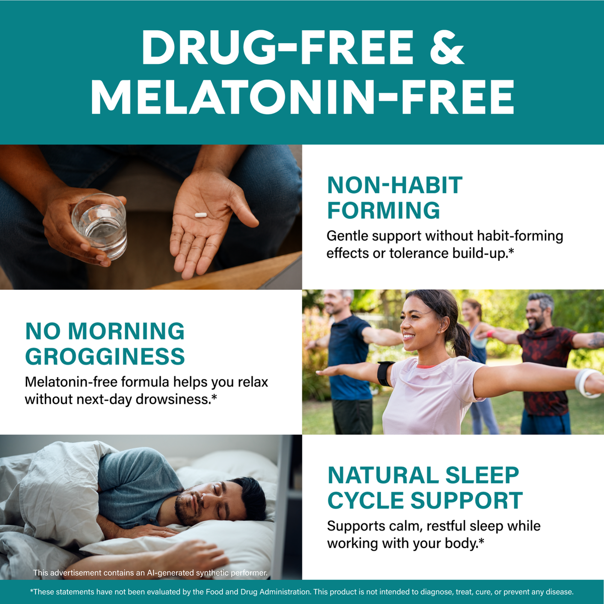 An educational banner titled "Drug-Free & Melatonin-Free" displaying three product advantages alongside lifestyle images:   Non-Habit Forming: Gentle formula without tolerance build-up.   No Morning Grogginess: Melatonin-free option prevents next-day drowsiness.   Natural Sleep Cycle Support: Works with your body for calm, restful sleep. 