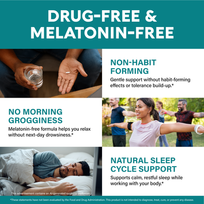 An educational banner titled "Drug-Free & Melatonin-Free" displaying three product advantages alongside lifestyle images:   Non-Habit Forming: Gentle formula without tolerance build-up.   No Morning Grogginess: Melatonin-free option prevents next-day drowsiness.   Natural Sleep Cycle Support: Works with your body for calm, restful sleep. 