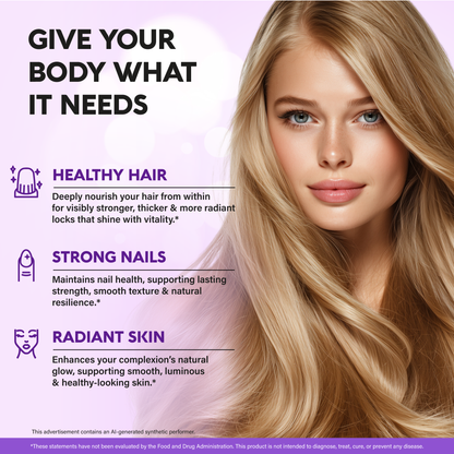 A promotional graphic titled "Give Your Body What It Needs" featuring a woman with long blonde hair. Outlines three beauty and wellness benefits:   Healthy Hair: Deeply nourishes hair from within for visibly stronger, thicker, and more radiant locks.   Strong Nails: Maintains nail health, supporting lasting strength, smooth texture, and natural resilience.   Radiant Skin: Enhances complexion, supporting a smooth, luminous, and healthy-looking glow.