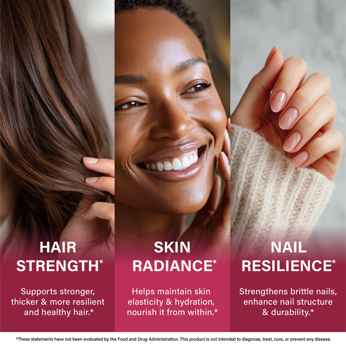 A three-panel beauty infographic showcasing hair, skin, and nail benefits:   Hair Strength: Supports stronger, thicker, more resilient, and healthy hair.   Skin Radiance: Helps maintain skin elasticity and hydration, nourishing skin from within.   Nail Resilience: Strengthens brittle nails to enhance overall nail structure and durability.  
