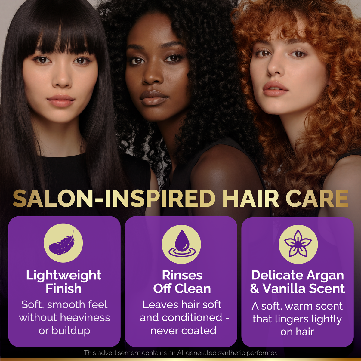 Product benefit graphic titled Salon-Inspired Hair Care set against three women showcasing diverse hair textures (straight, curly, and coily). Highlights three formula highlights: Lightweight Finish, providing a soft, smooth feel without heaviness or buildup; Rinses Off Clean, leaving hair soft and conditioned without a coated feeling; and Delicate Argan & Vanilla Scent, featuring a soft, warm fragrance that lingers lightly on hair.