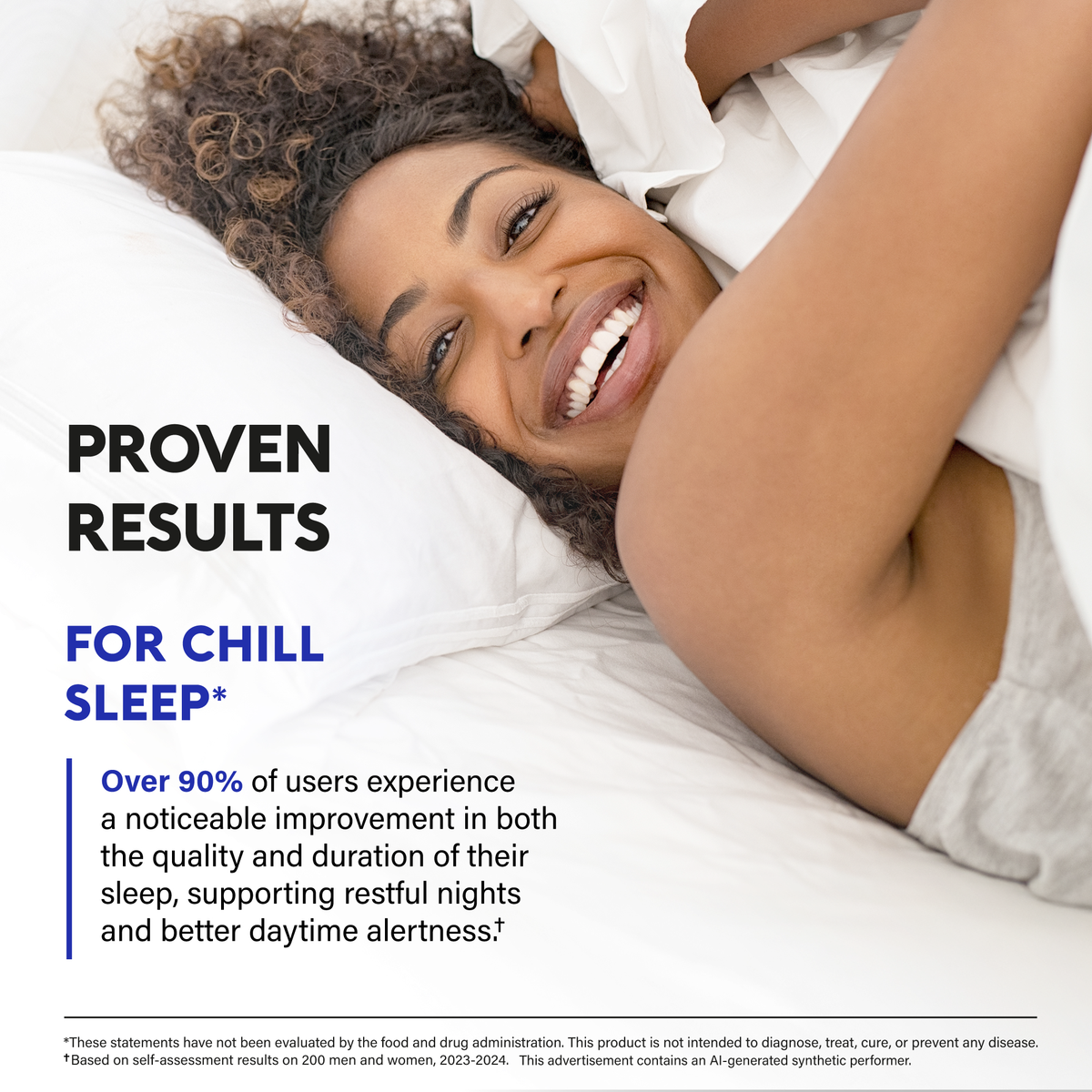 Performance claim graphic titled Proven Results For Chill Sleep featuring a smiling woman waking up refreshed in white bedding. Cites self-assessment results showing over 90% of users experienced noticeable improvement in sleep quality and duration, supporting restful nights and daytime alertness. Notes study parameters of 200 men and women (2023–2024), along with FDA disclaimer.