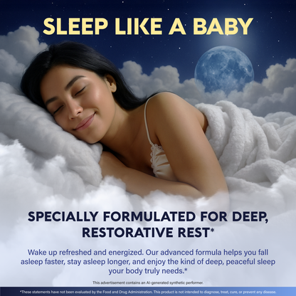 A sleeping-themed promotional graphic titled "Sleep Like a Baby" featuring a woman lying peacefully in clouds under a night sky:   Restorative Support: Highlights an advanced formula designed for deep, restorative rest to help users fall asleep faster, stay asleep longer, and wake up refreshed. 
