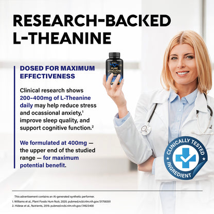 A clinical research graphic titled "Research-Backed L-Theanine" featuring a healthcare practitioner holding the bottle:   Clinical Research: Notes studies showing 200–400 mg of daily L-Theanine helps reduce stress and occasional anxiety, improves sleep quality, and supports cognitive function.   Optimal Dosing: Formulated at 400 mg to deliver maximum potential benefit within the studied range.