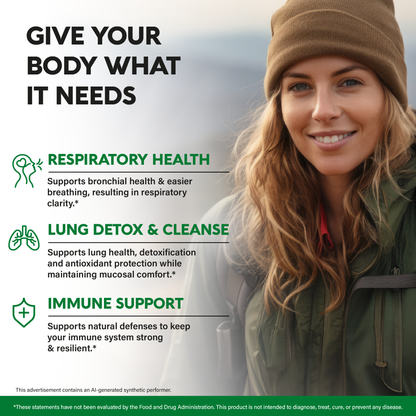 A promotional graphic titled "Give Your Body What It Needs" featuring a woman outdoors in winter clothing. Outlines key health benefits:   
Respiratory Health: Supports bronchial health and easier breathing for respiratory clarity.   
Lung Detox & Cleanse: Supports lung health, detoxification, antioxidant protection, and mucosal comfort.   
Immune Support: Strengthens natural defenses to keep the immune system resilient.