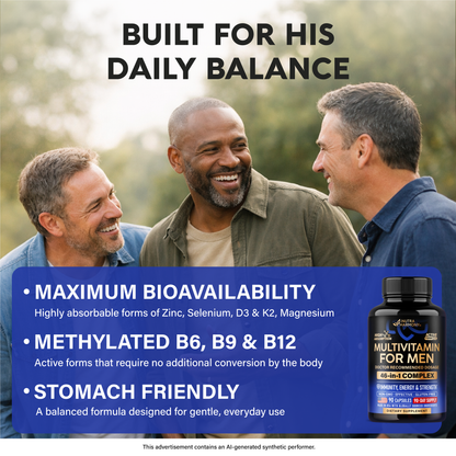 A promotional infographic titled "Built For His Daily Balance" featuring three men together alongside the NutraHarmony Multivitamin For Men bottle (46-in-1 Complex):   Maximum Bioavailability: Contains absorbable forms of Zinc, Selenium, D3 & K2, and Magnesium.   Active Nutrient Forms: Features methylated forms of B6, B9, and B12.   Stomach-Friendly: Formulated for gentle, everyday use. 