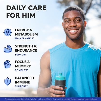 A promotional graphic titled "Daily Care For Him" featuring a smiling man with a water bottle. Outlines key benefit areas:   Energy & Metabolism Maintenance: Supports sustained daily energy and metabolic health.   Strength & Endurance Support: Designed to aid physical performance and endurance.   Focus & Memory Complex: Promotes cognitive clarity, memory, and sharp focus.   Balanced Immune Support: Helps maintain overall immune function. 