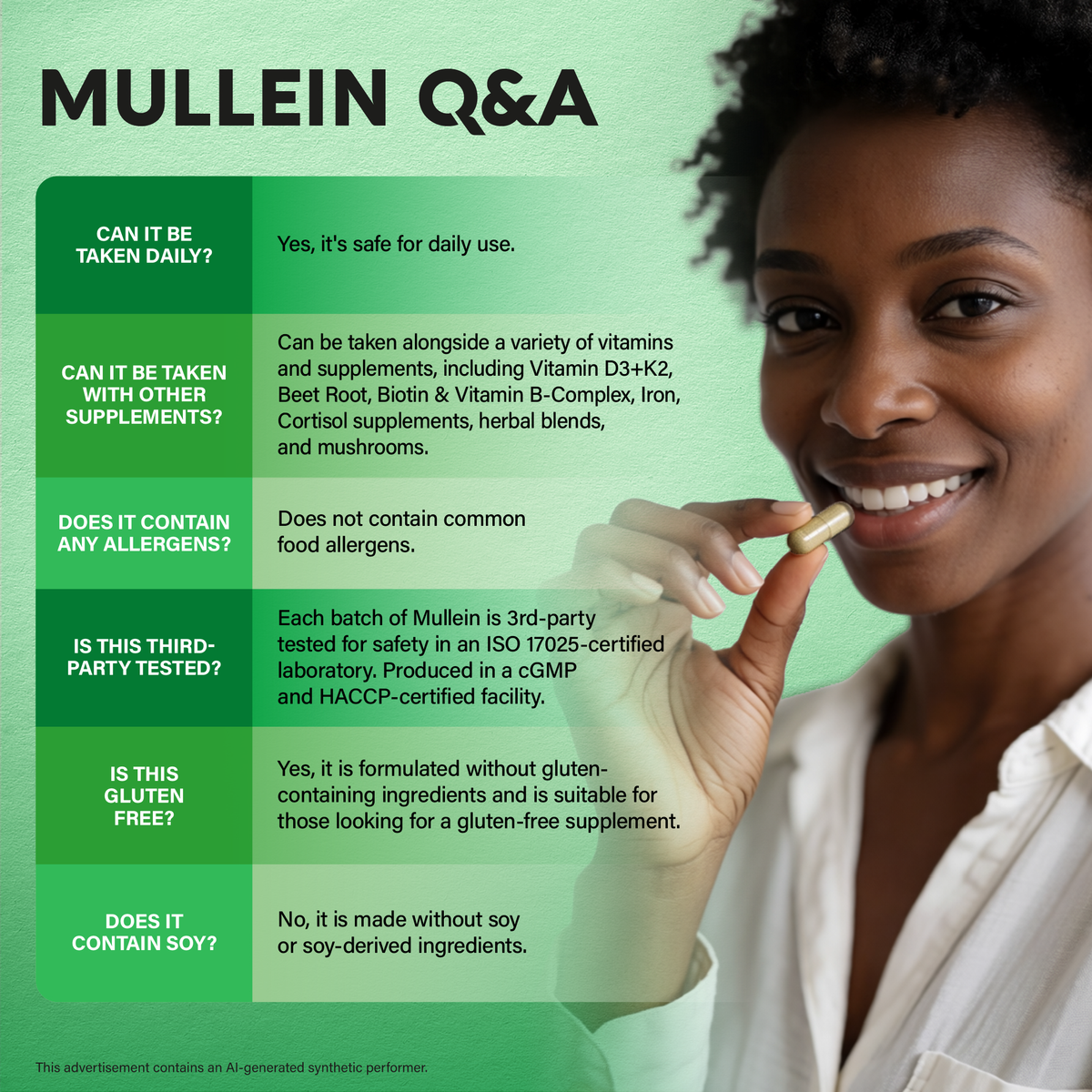 An infographic titled "Mullein Q&A" featuring a woman holding a supplement capsule. Answers common product questions:   
Usage & Compatibility: Safe for daily use and compatible with vitamins, herbs, and mushroom supplements.   
Quality & Safety: Third-party lab-tested in ISO 17025-certified, cGMP, and HACCP facilities.   
Dietary Info: Free from common food allergens, gluten, and soy-derived ingredients.