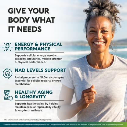 Health benefit infographic titled Give Your Body What It Needs. Outlines three primary benefits: Energy & Physical Performance, supporting cellular energy, aerobic capacity, endurance, and muscle strength; NAD Levels Support, serving as a precursor to NAD+ for cellular repair and energy metabolism; and Healthy Aging & Longevity, helping maintain cellular repair, daily vitality, and long-term wellness.