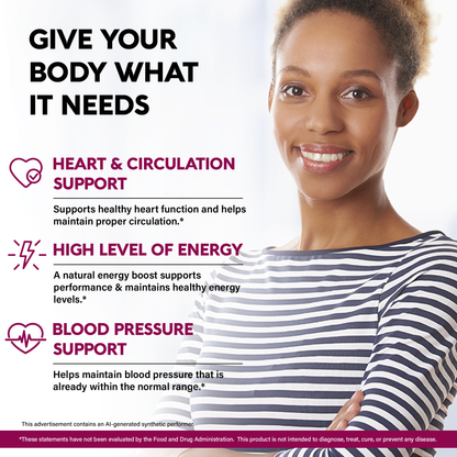 A promotional graphic titled "Give Your Body What It Needs" featuring a woman in a striped top. Outlines three main health benefits:   Heart & Circulation Support: Promotes healthy heart function and proper circulation.   High Level of Energy: Delivers a natural energy boost to maintain performance and vitality.   Blood Pressure Support: Helps maintain blood pressure already within a normal range. 