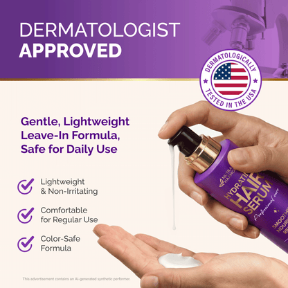 Product graphic titled Dermatologist Approved set against a hand dispensing NutraHarmony Hydrating Hair Serum onto palm. Highlights a gentle, lightweight leave-in formula safe for daily use. Details three formula checkmarks: Lightweight & Non-Irritating, Comfortable for Regular Use, and Color-Safe Formula. Features a badge reading Dermatologically Tested in the USA.