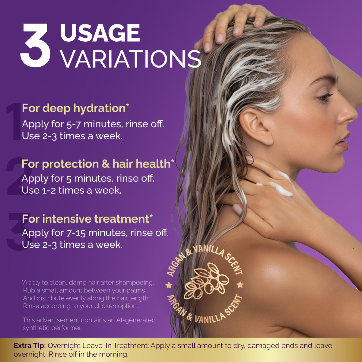 How-to infographic titled 3 Usage Variations: 1. Deep Hydration: Apply for 5–7 minutes and rinse off 2–3 times a week; 2. Protection & Hair Health: Apply for 5 minutes and rinse off 1–2 times a week; and 3. Intensive Treatment: Apply for 7–15 minutes and rinse off 2–3 times a week. Outlines standard usage instructions to apply to clean, damp hair after shampooing, rub a small amount between palms, distribute evenly along hair length, and rinse.