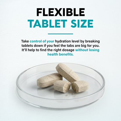 An infographic titled "Flexible Tablet Size" showing whole and split electrolyte tablets in a glass dish. Advises that tablets can be broken down for easier swallowing or custom dosage control without losing health benefits.