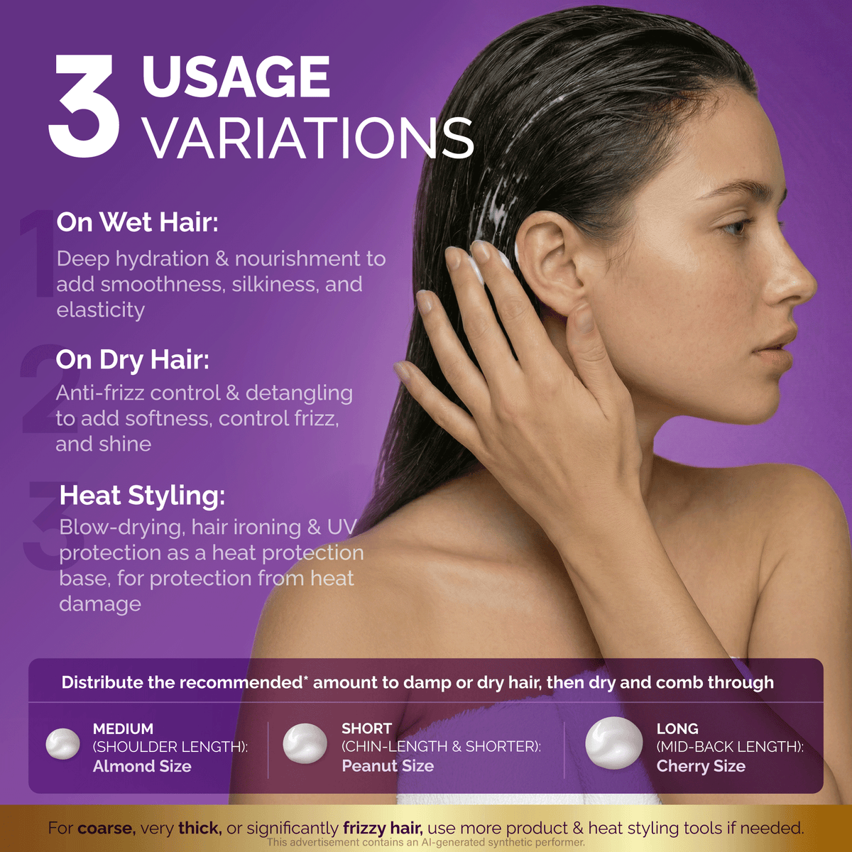 How-to infographic titled 3 Usage Variations showing hair serum application on damp hair. Outlines three ways to use: 1. On Wet Hair for deep hydration and smoothness; 2. On Dry Hair for frizz control, detangling, and shine; and 3. Heat Styling as a protective base against blow-drying, ironing, and UV damage. Includes a dosage guide by hair length: Peanut Size for short hair, Almond Size for medium hair, and Cherry Size for long hair. Notes that coarse, thick, or frizzy hair may require extra product.