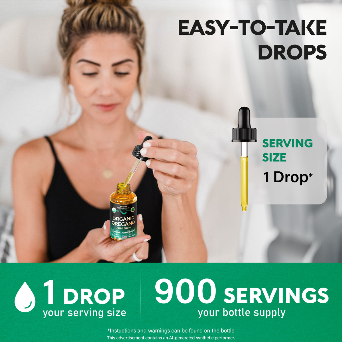 An infographic titled "Easy-To-Take Drops" featuring a woman holding a bottle and dropper of NutraHarmony Organic Oregano Liquid Drops. Details dosage instructions:   Serving Size: Specifies a serving size of 1 drop.   Bottle Supply: Highlights a total supply of 900 servings per bottle. 