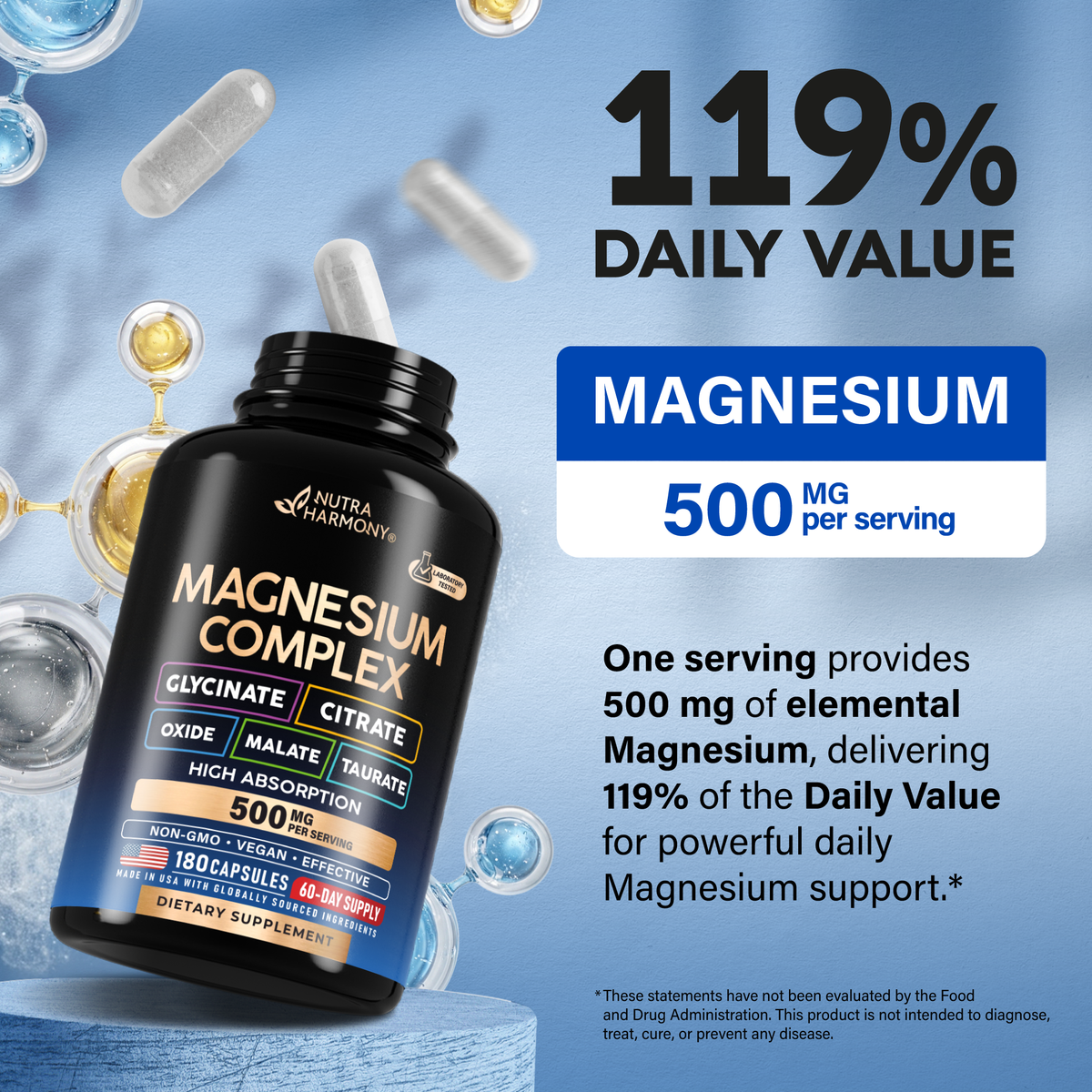 A dosage graphic featuring the NutraHarmony Magnesium Complex bottle alongside percent daily value metrics:   Elemental Strength: Delivers 500 mg of elemental magnesium per 3-capsule serving.   Daily Value Contribution: Provides 119% of the Daily Value for powerful daily magnesium support.   Bottle Specs: Contains 180 non-GMO, vegan capsules offering a 60-day supply.