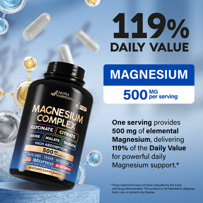 A dosage graphic featuring the NutraHarmony Magnesium Complex bottle alongside percent daily value metrics:   Elemental Strength: Delivers 500 mg of elemental magnesium per 3-capsule serving.   Daily Value Contribution: Provides 119% of the Daily Value for powerful daily magnesium support.   Bottle Specs: Contains 180 non-GMO, vegan capsules offering a 60-day supply.