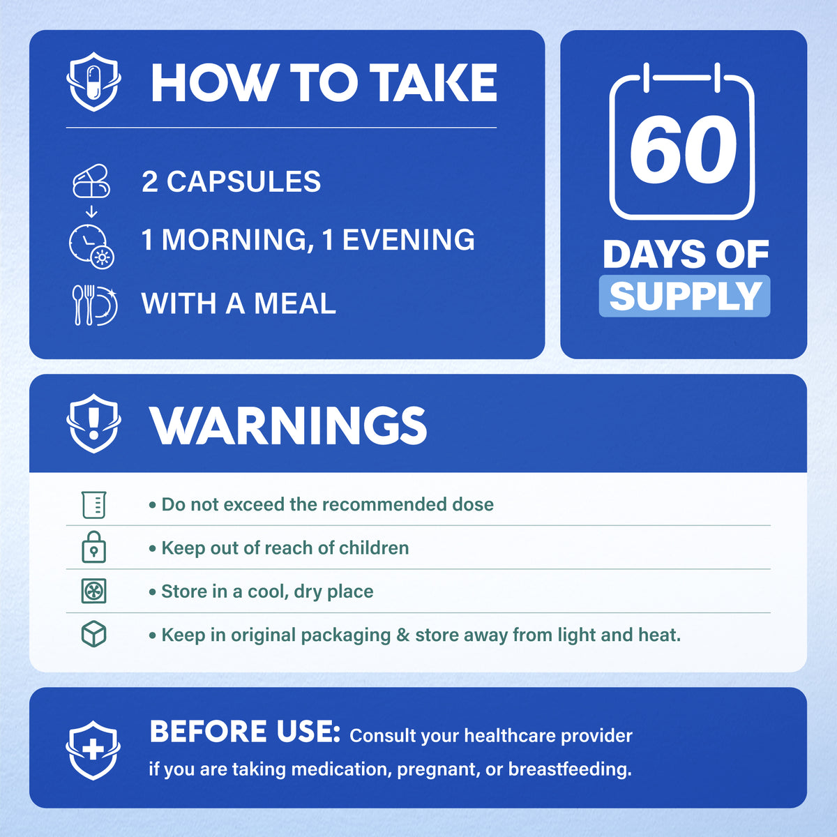 An instructional infographic titled "How to Take" outlining usage rules and safety warnings:   
Directions & Supply: Take 2 capsules daily with a meal (1 morning, 1 evening). Provides a 60-day supply.   
Warnings & Storage: Do not exceed recommended dose; keep out of reach of children. Store in a cool, dry place away from light and heat.   
Consultation: Consult a healthcare provider prior to use if taking medication, pregnant, or breastfeeding.