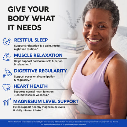 A lifestyle promotional graphic titled "Give Your Body What It Needs" featuring a smiling woman in a purple top:   Core Health Benefits: Highlights Restful Sleep, Muscle Relaxation, Digestive Regularity (occasional constipation support), Heart Health, and Magnesium Level Support.