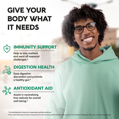 A promotional graphic titled "Give Your Body What It Needs" featuring a young man wearing glasses and a light green hoodie. Outlines three primary health benefits:   Immunity Support: Helps build resilience and ward off seasonal health challenges.   Digestion Health: Eases digestive discomfort and promotes a healthy gut environment.   Antioxidant Aid: Assists in neutralizing free radicals for overall well-being.