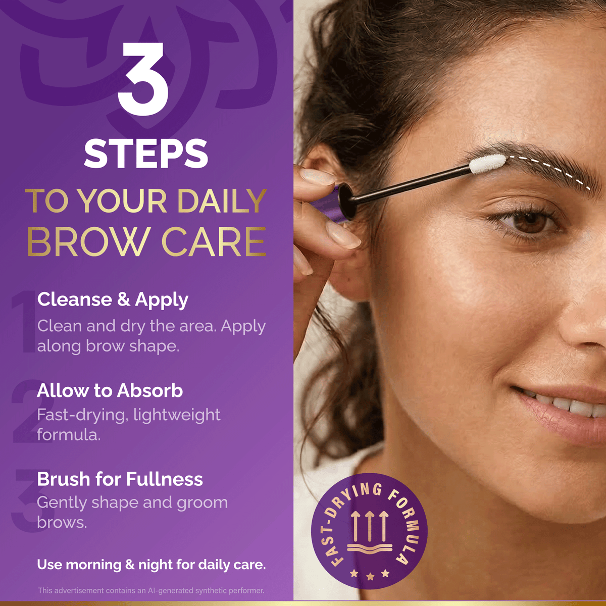 Infographic titled 3 Step Brow Fiber Support showcasing an Advanced Multi-Level Care System. Shows a microscopic diagram comparing sparse eyebrow hair roots before treatment to stronger, thicker hair roots after treatment. Outlines three levels: 1. Hydration Conditioning Layer, 2. Structural Strengthening, and 3. Surface Conditioning. Includes a Non-Irritating heart badge.