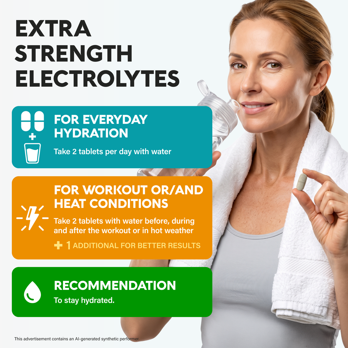 An infographic titled "Extra Strength Electrolytes" alongside a woman holding a water bottle and tablet. Outlines dosage instructions:   Everyday Hydration: Take 2 tablets daily with water.   Workouts & Hot Weather: Take 2 tablets with water before, during, or after exercise or in heat, plus 1 additional tablet if needed.   Recommendation: Promotes continuous daily hydration. 