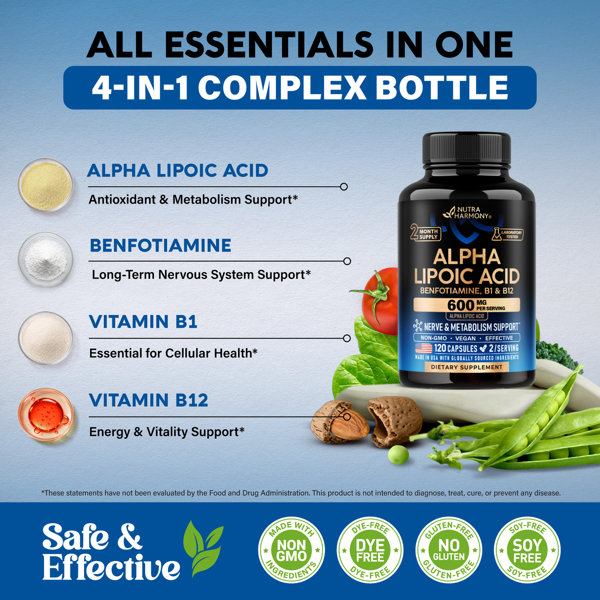 Product infographic titled All Essentials In One 4-in-1 Complex Bottle. Highlights four key ingredients with ingredient dish visuals: Alpha Lipoic Acid for antioxidant and metabolism support, Benfotiamine for long-term nervous system support, Vitamin B1 essential for cellular health, and Vitamin B12 for energy and vitality support. Bottom section emphasizes Safe & Effective quality badges including Non-GMO Ingredients, Dye-Free, Gluten-Free, and Soy-Free.