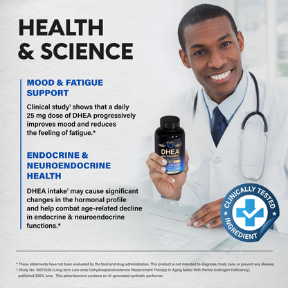 A doctor in a white coat holds a bottle of NutraHarmony DHEA 25 mg supplement alongside a "Clinically Tested Ingredient" badge. Cites research highlights for "Health & Science":   Mood & Fatigue Support: Notes that a daily 25 mg dose of DHEA progressively improves mood and reduces fatigue.   Endocrine & Neuroendocrine Health: Explains that DHEA intake supports hormonal balance and helps combat age-related decline in endocrine and neuroendocrine functions