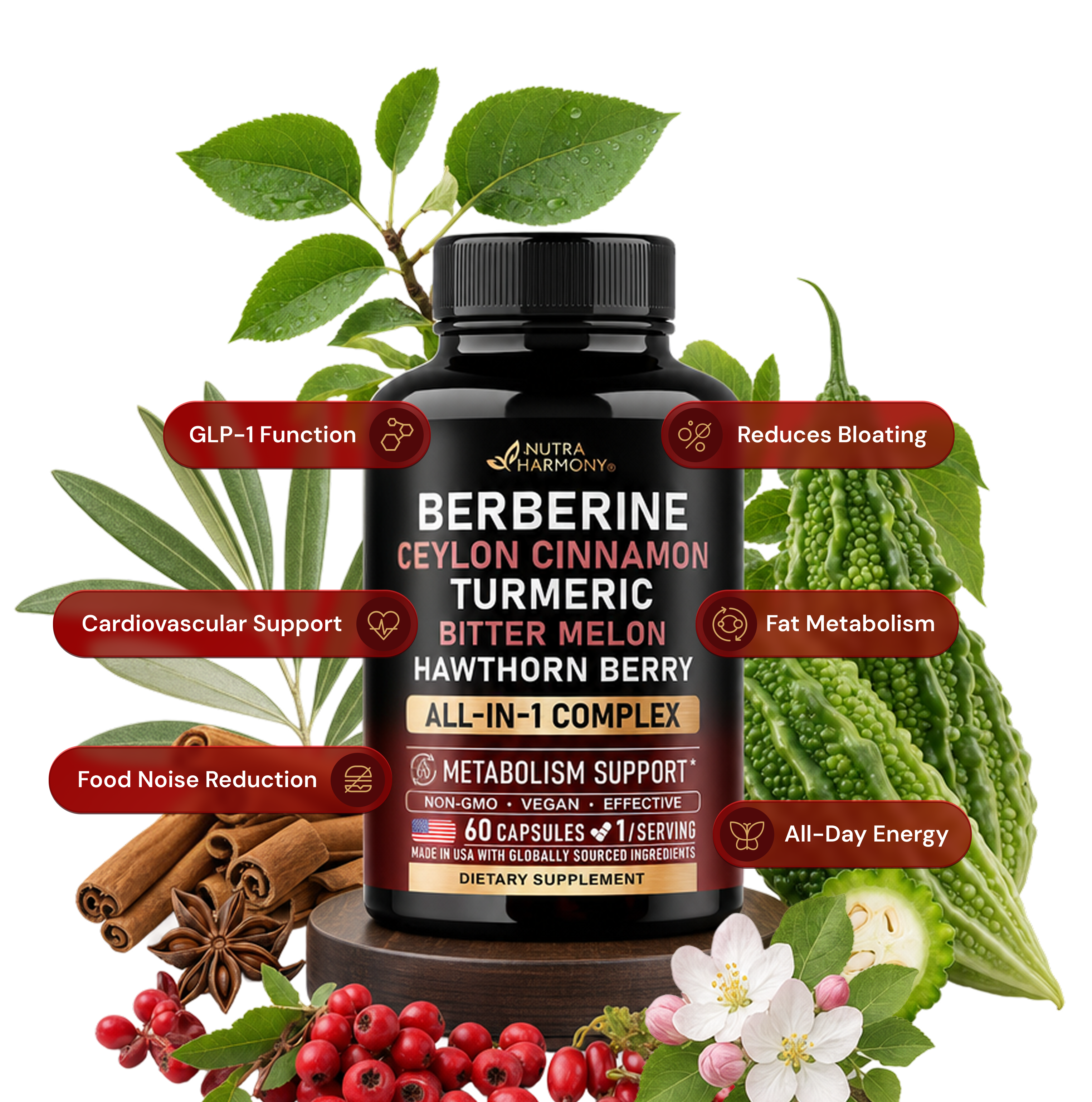 NutraHarmony Berberine Blend bottle with berberine capsules