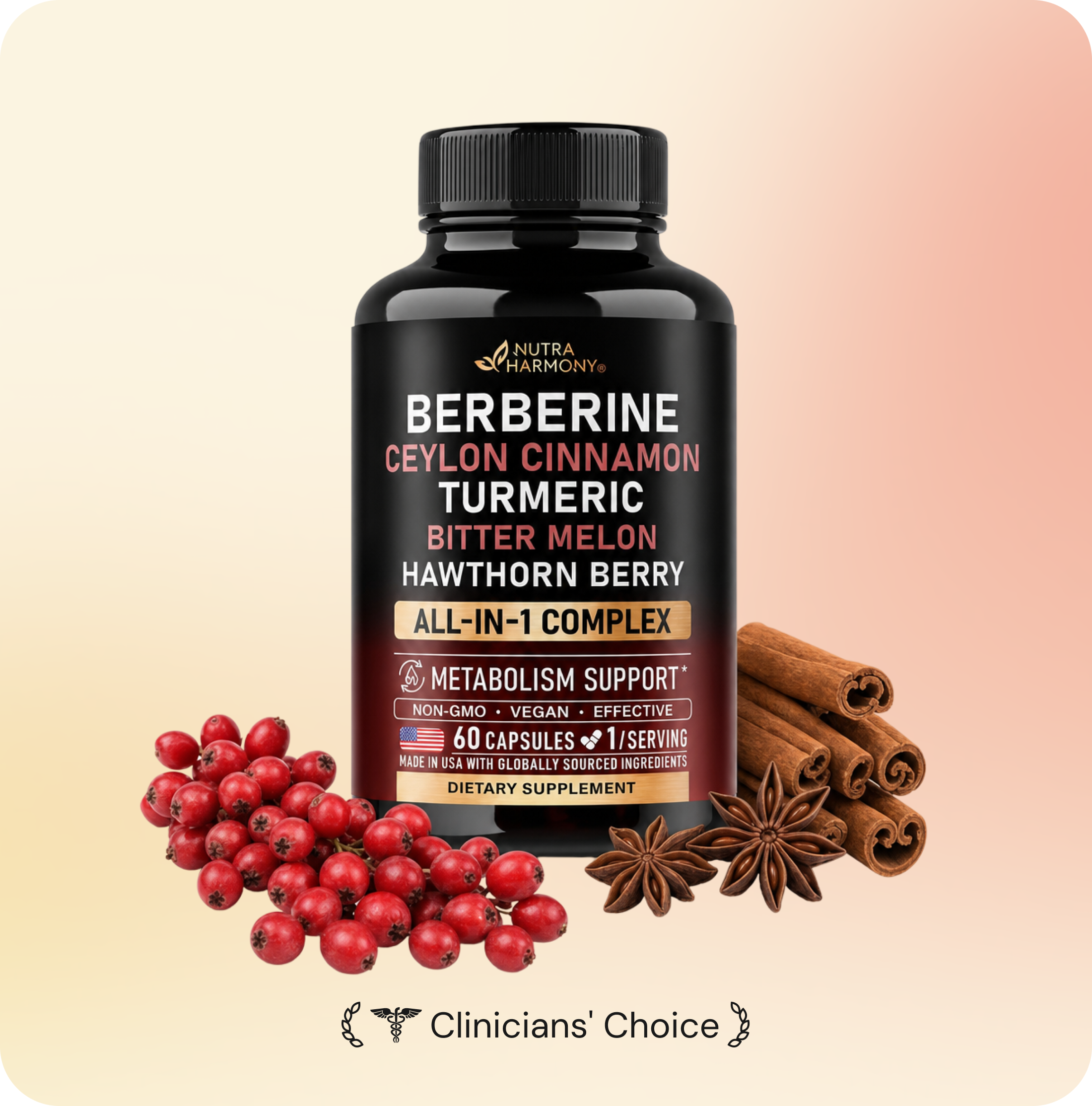 NutraHarmony Berberine Blend product bottle and offer card