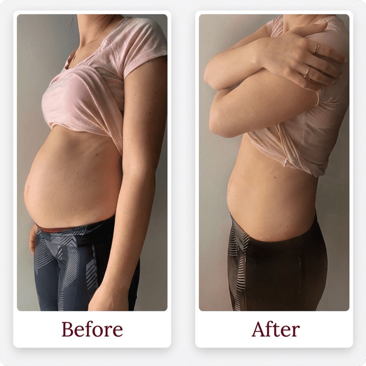 Before and after photo showing woman's midsection from side angle wearing pink top and dark leggings