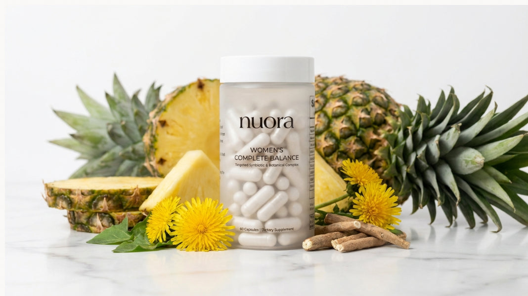 Nuora supplement bottle with pineapple and botanicals