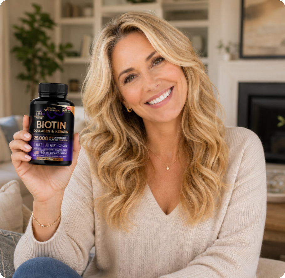 Woman holding NutraHarmony Biotin